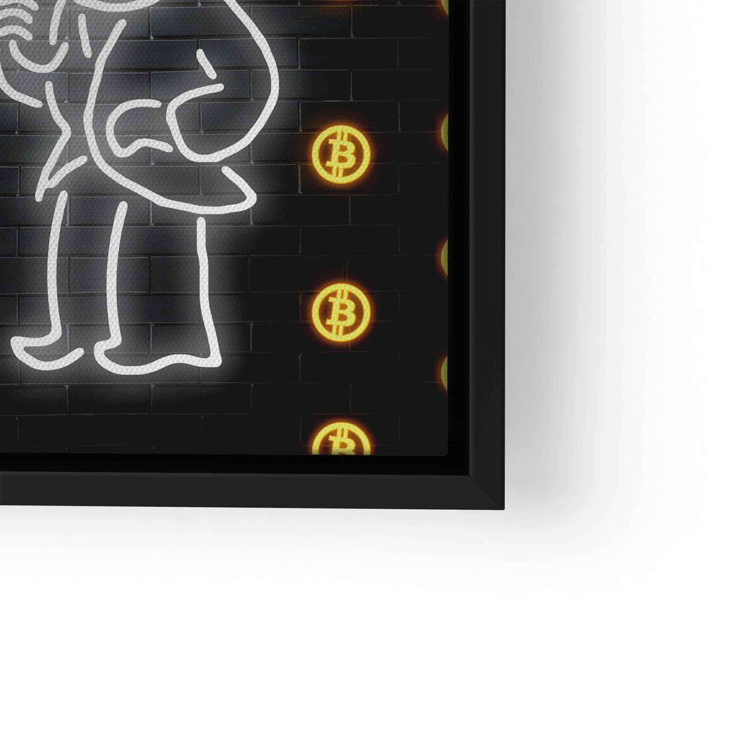 Wandbild Pop Art, Monopoly-Mann im Bitcoin-Regen, schwarze Leinwand, gelbe Symbole