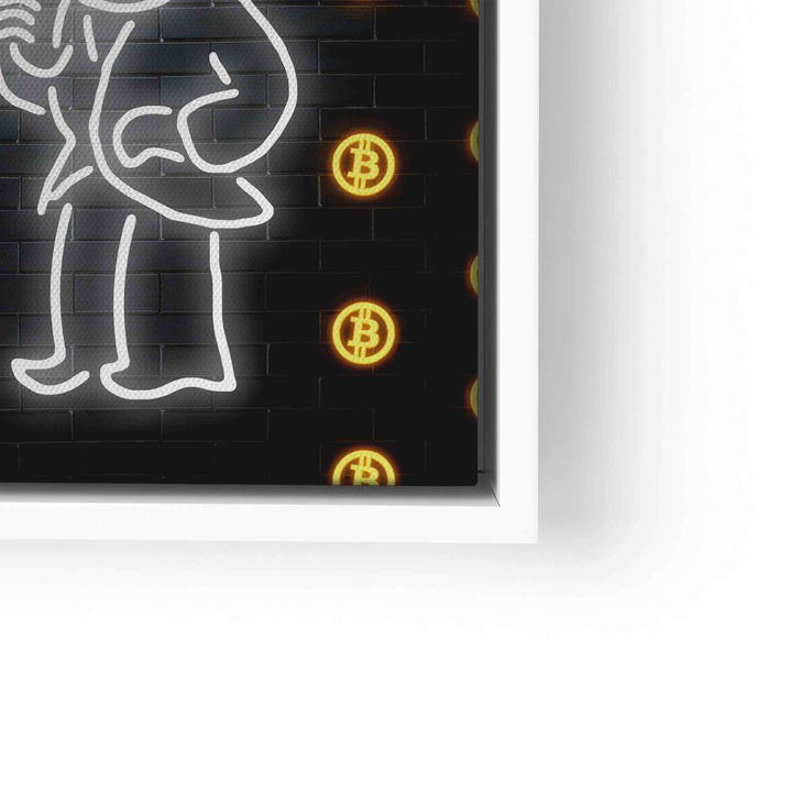 Wandbild mit Comicfigur und leuchtenden Bitcoin-Symbolen auf schwarzer Ziegelwand