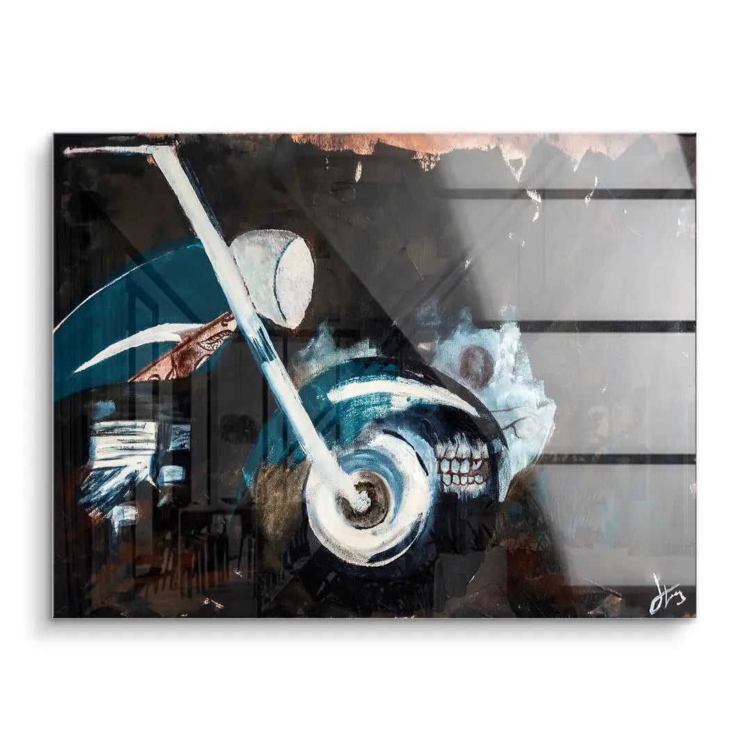 Modernes Wandbild mit abstrakter Motorrad-Kunst in Blau und Schwarz auf Acrylglas