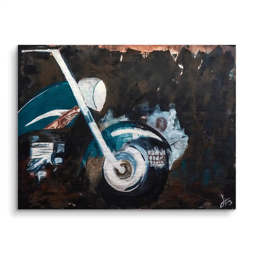 Modernes Wandbild mit abstraktem Motorrad in Dunkelblau und Braun, künstlerisch gemalt