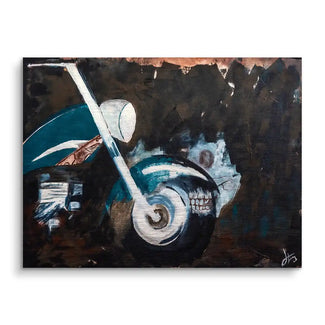 Modernes Wandbild mit abstraktem Motorrad in Dunkelblau und Braun, künstlerisch gemalt