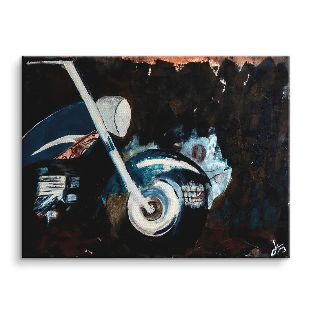 Modernes Wandbild mit abstraktem Motorrad in Blau- und Schwarztönen vor dunklem Hintergrund