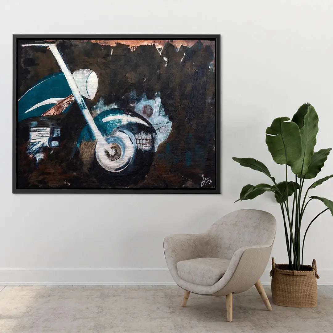 Modernes Wandbild mit abstrakter Motorrad-Kunst, gerahmt, im Wohnzimmer über Sessel und Pflanze