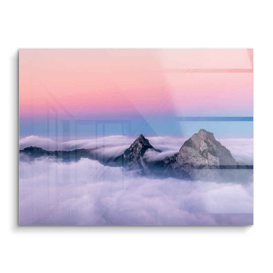 Acrylglas Wandbild mit Bergen, Wolkenmeer und pastellfarbenem Himmel, modernes Landschaftsmotiv