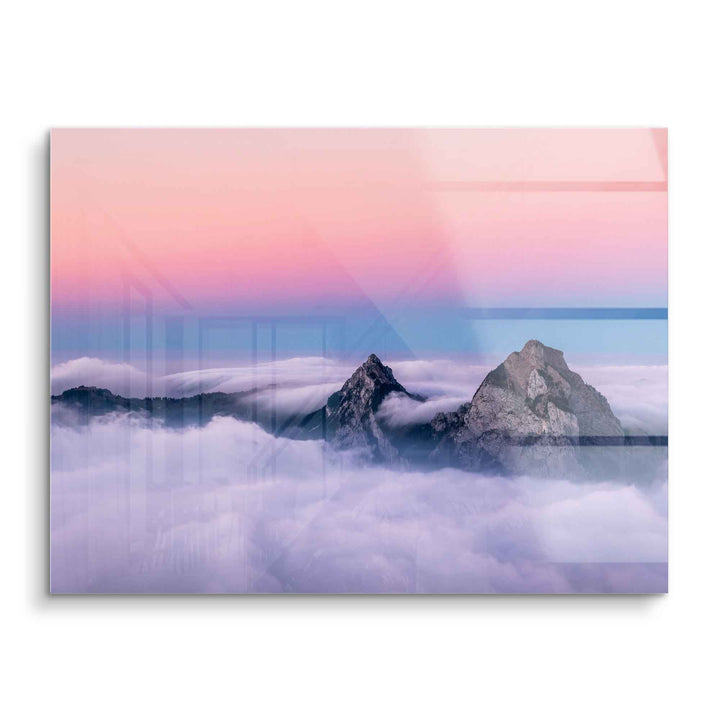 Acrylglas Wandbild mit Bergen, Wolkenmeer und pastellfarbenem Himmel, modernes Landschaftsmotiv