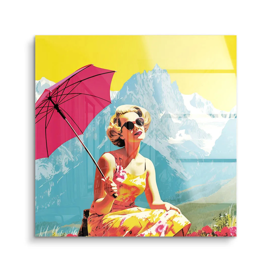 Pop Art Wandbild Frau mit Sonnenbrille und pinkem Schirm vor Alpenpanorama