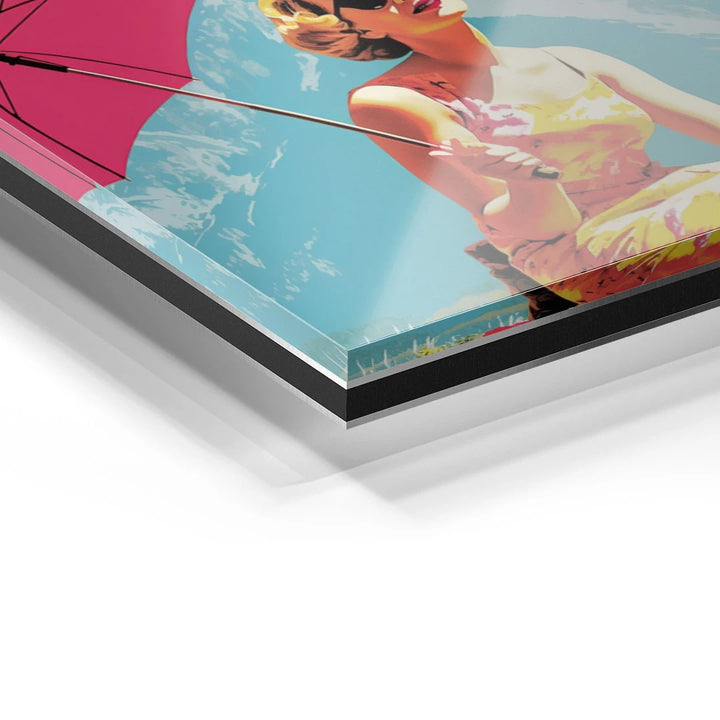 Detailansicht eines Acrylglas Wandbilds mit Pop Art Motiv einer Frau mit Sonnenbrille und Schirm