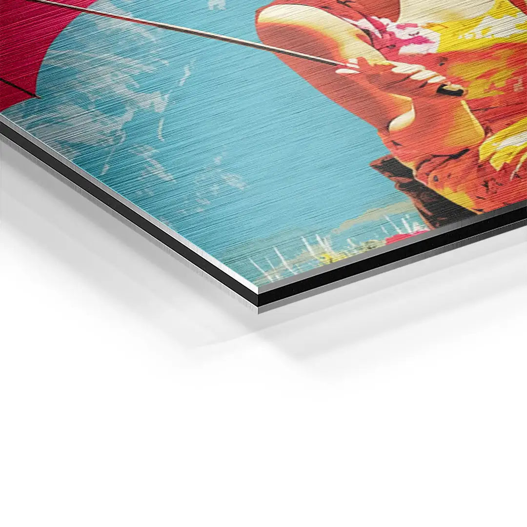 Detailansicht Kunstdruck auf Aluminium mit farbigem Motiv und gebürsteter Struktur