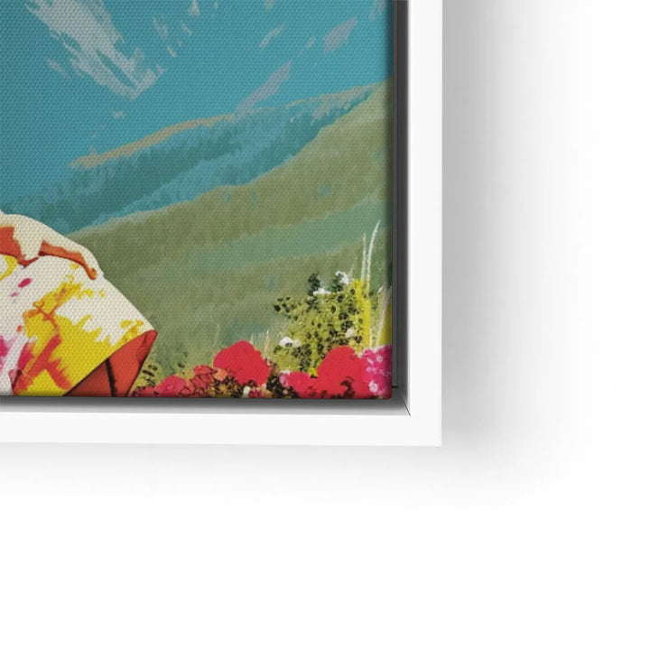 Modernes Wandbild mit farbenfrohem Bergmotiv und Blumen im weißen Rahmen
