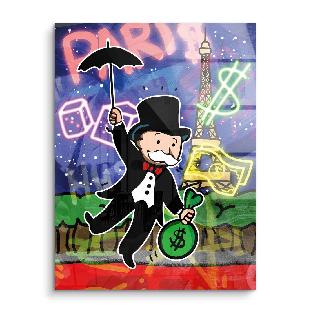 Pop Art Wandbild mit Comic-Figur im Frack, Geldsack, Eiffelturm und Paris-Schriftzug bunt
