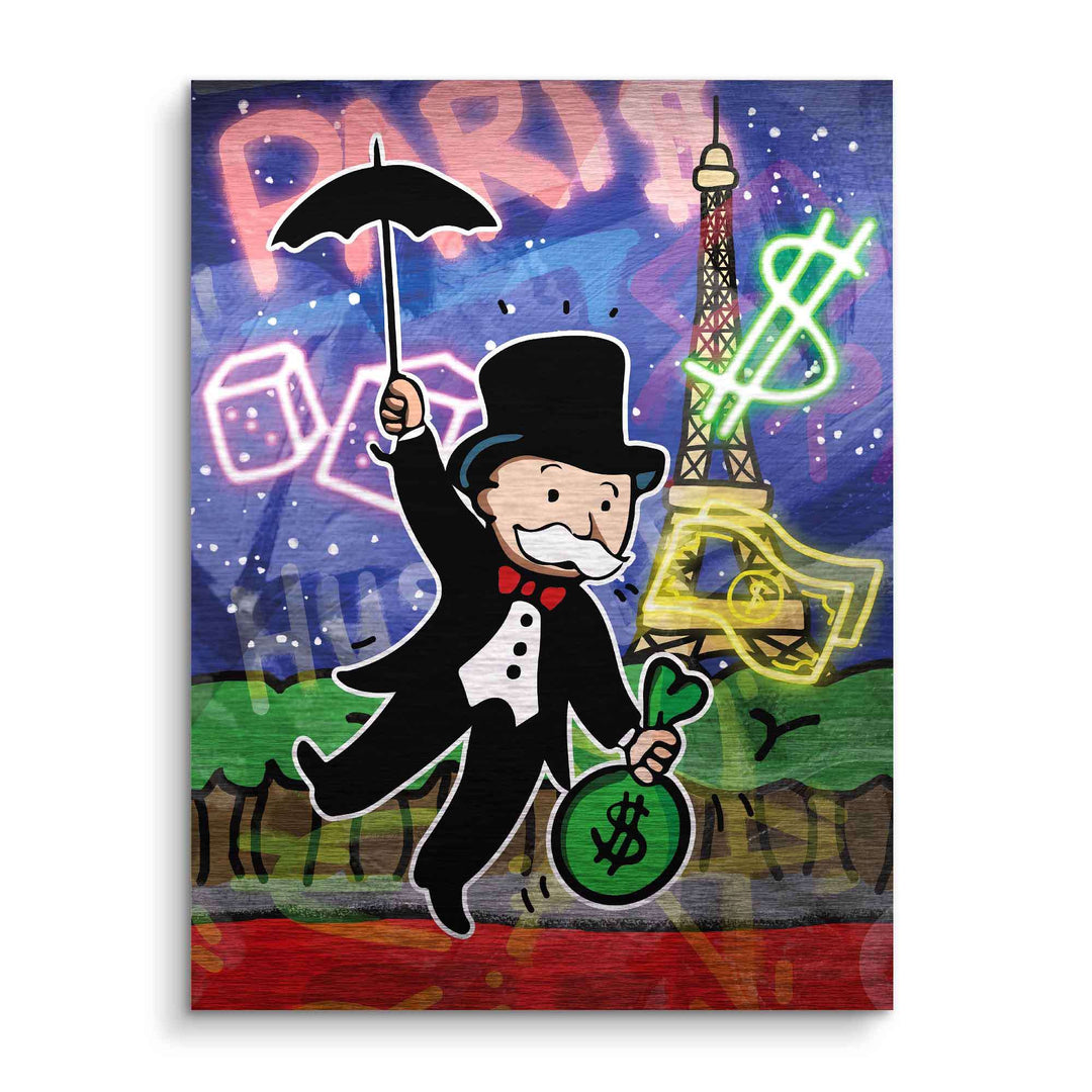 Wandbild mit Comic-Motiv, reicher Mann mit Geldsack, Eiffelturm und Paris-Graffiti