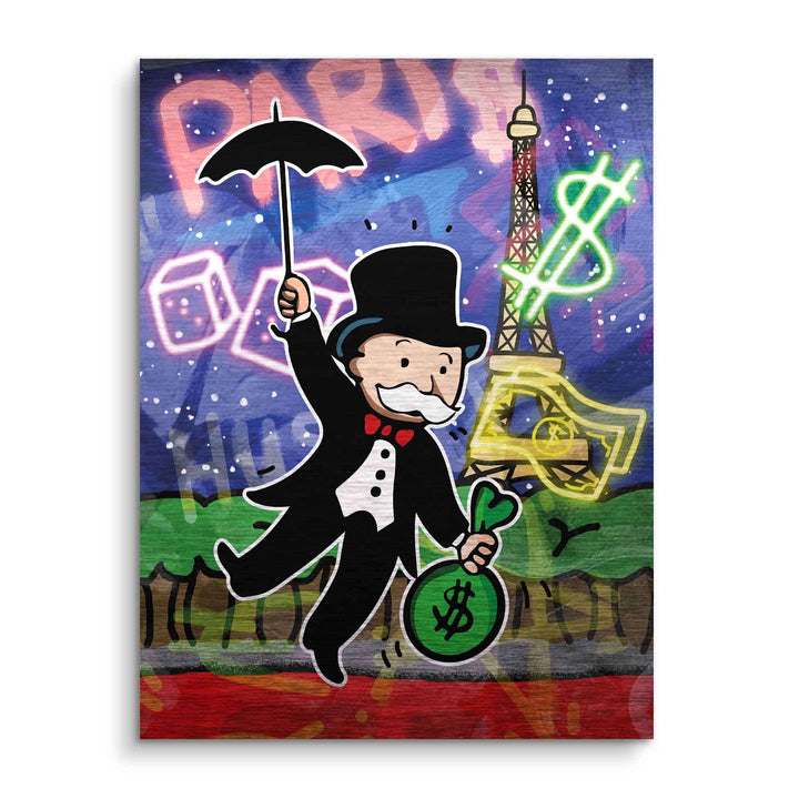 Wandbild mit Comic-Motiv, reicher Mann mit Geldsack, Eiffelturm und Paris-Graffiti