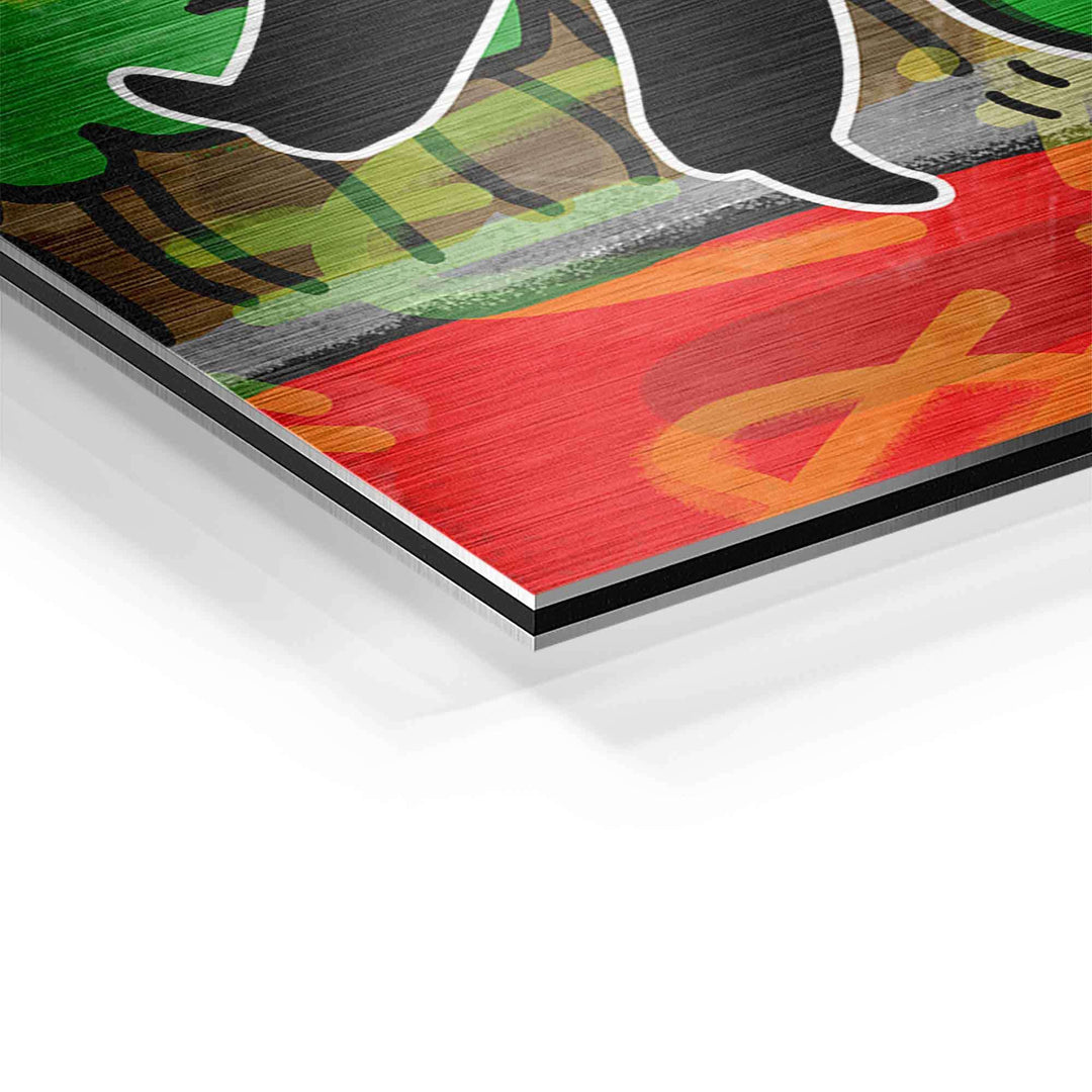 Detail eines bunten Wandbilds mit Comic-Grafik und gebürsteter Oberfläche auf Aluminium