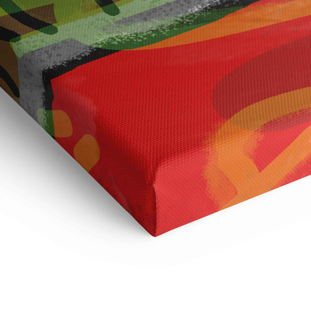 Detailaufnahme einer bunten Leinwand mit roten, grünen und gelben Pop Art Mustern