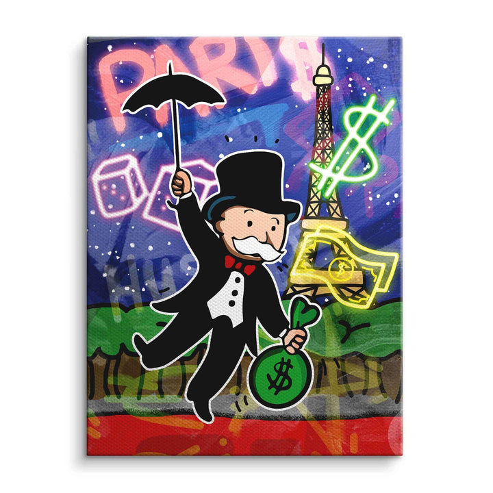 Pop Art Wandbild mit Comicfigur im Frack vor Eiffelturm, Geldsymbolen und Paris-Schriftzug