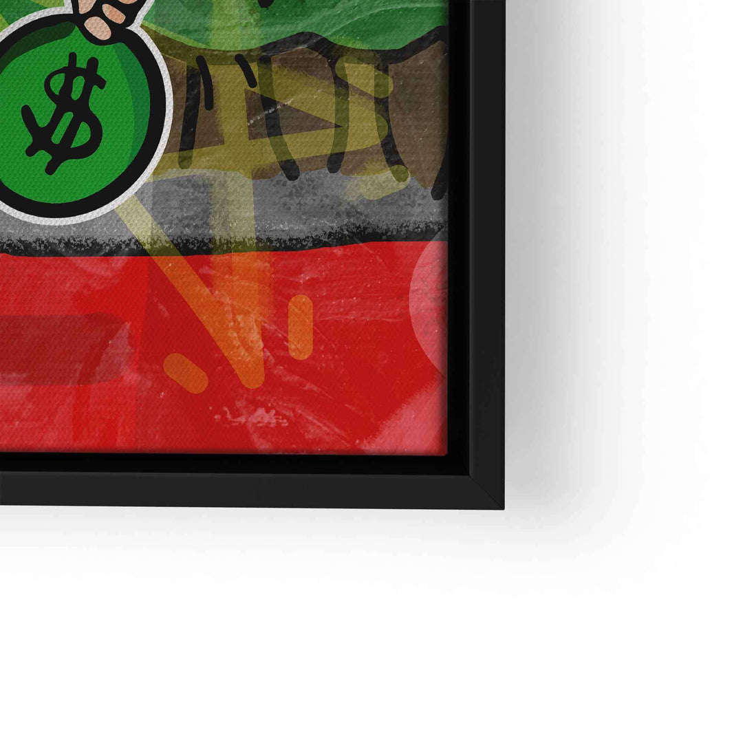 Detail eines bunten Wandbilds im Pop Art Stil mit Geldsack-Motiv im schwarzen Rahmen