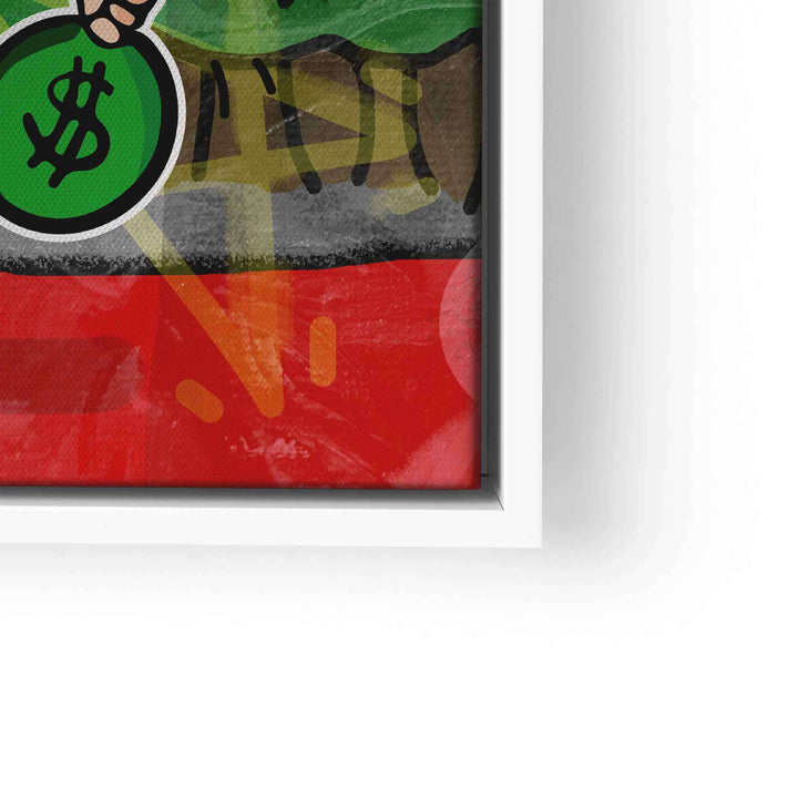 Pop Art Wandbild Ausschnitt mit Comic-Hand und grünem Geldsack auf buntem Hintergrund