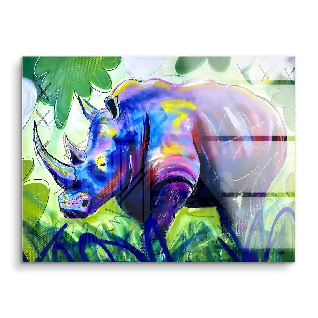 Modernes Nashorn Wandbild in bunten Farben, Acrylmalerei mit Natur- und Graffiti-Elementen