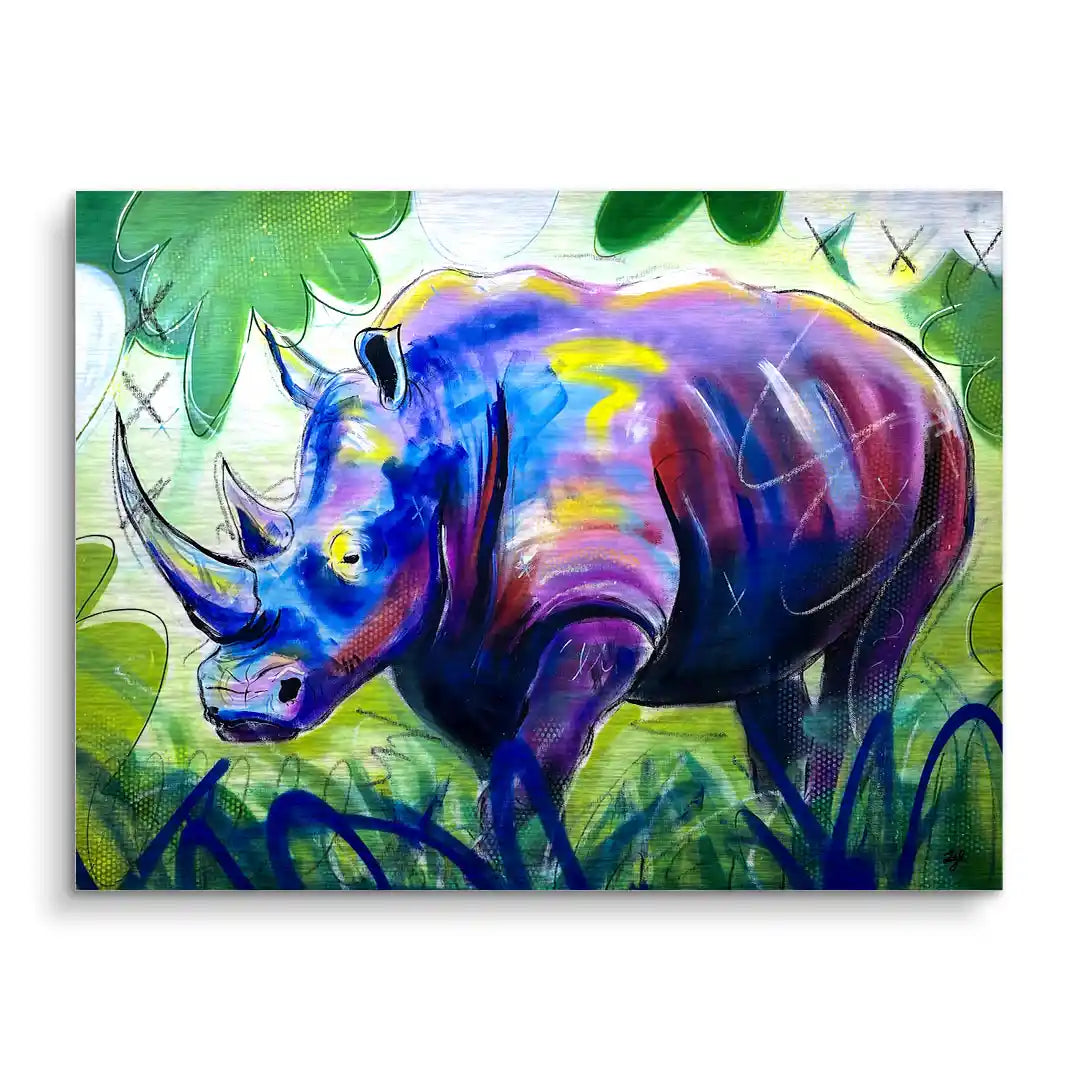 Modernes Wandbild mit buntem Nashorn im abstrakten Stil vor grünem Hintergrund