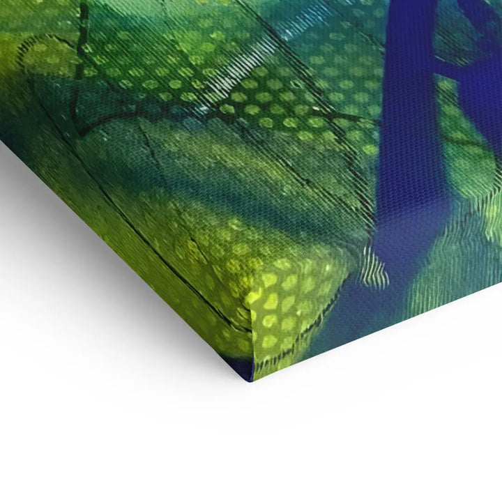 Detailaufnahme einer modernen Nashorn-Wandbild-Leinwand mit abstrakten grünen und blauen Farben