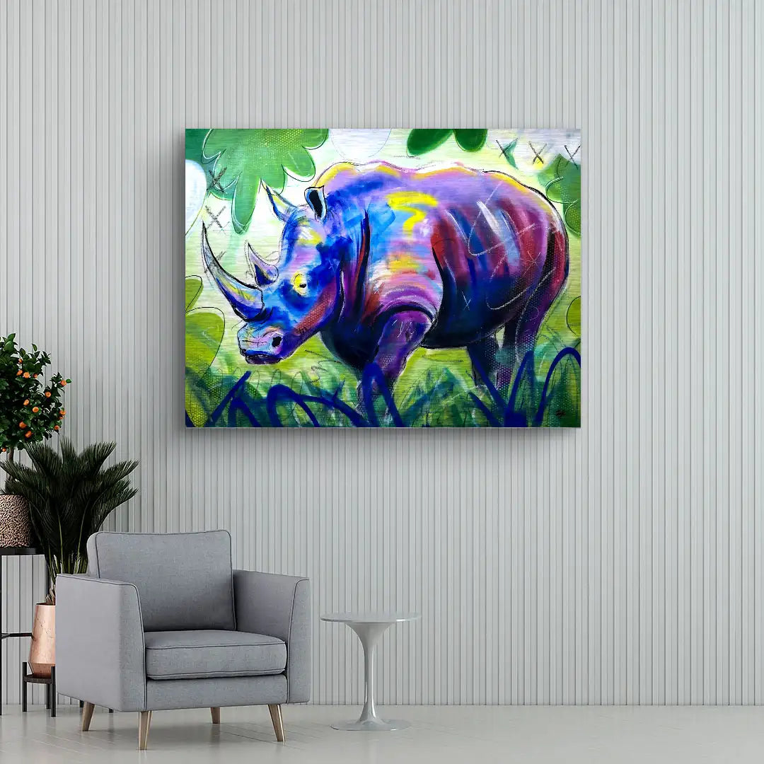 Modernes Wandbild mit buntem Nashorn, Graffiti-Stil, grüne Blätter, Wohnzimmerdeko