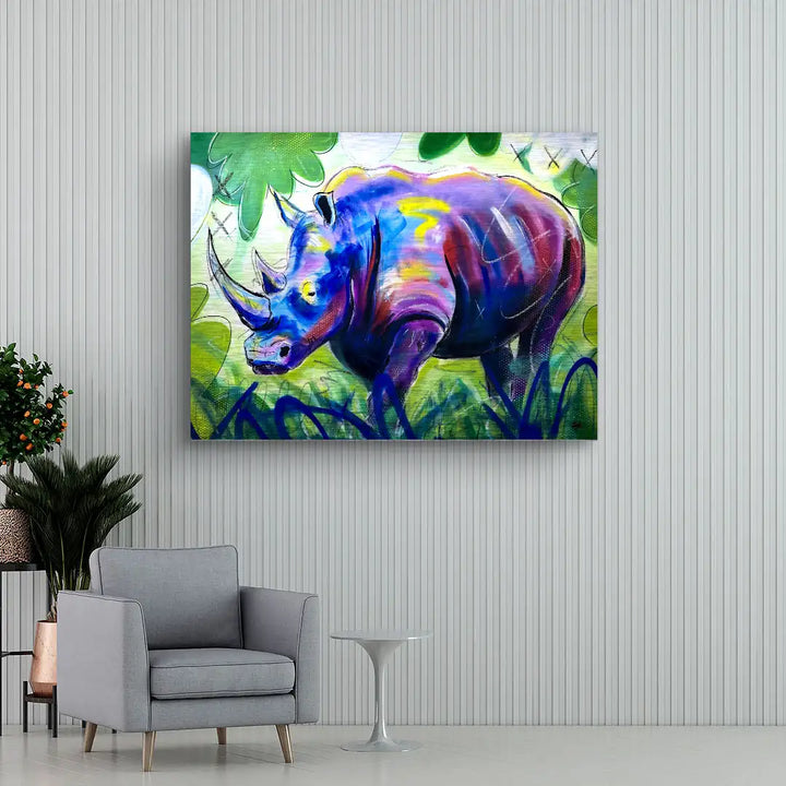 Modernes Wandbild mit buntem Nashorn, Graffiti-Stil, grüne Blätter, Wohnzimmerdeko