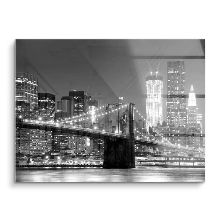 Schwarz-weiß Acryl Wandbild New York Skyline mit Brooklyn Bridge bei Nacht