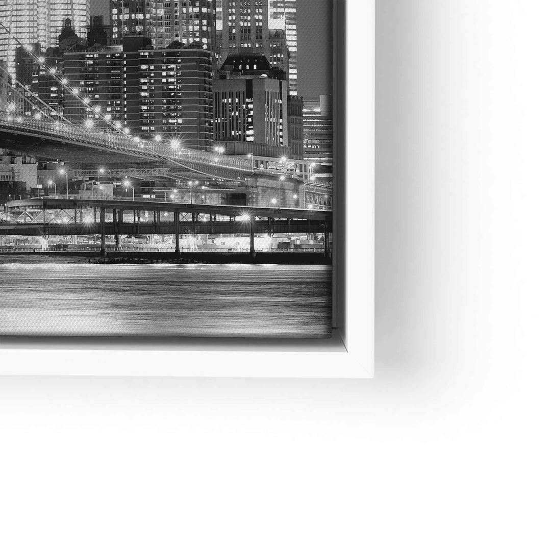 Schwarz-weiß Wandbild New York Skyline mit Brücke, leuchtende Stadt bei Nacht, moderne Kunst
