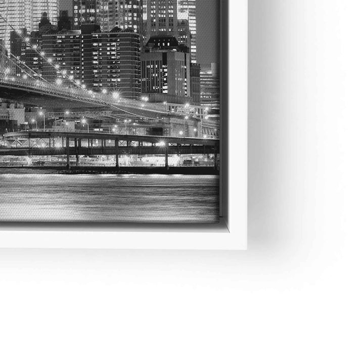 Schwarz-weiß Wandbild New York Skyline mit Brücke, leuchtende Stadt bei Nacht, moderne Kunst