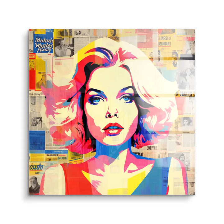 Pop Art Wandbild mit bunter Frauenportrait auf Zeitungscollage, modernes Acrylbild