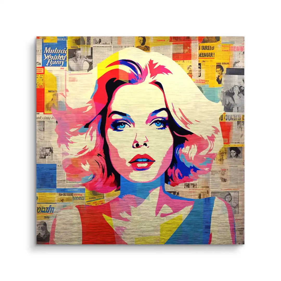 Pop Art Wandbild mit bunter Frau vor Zeitungscollage, modernes Kunstmotiv