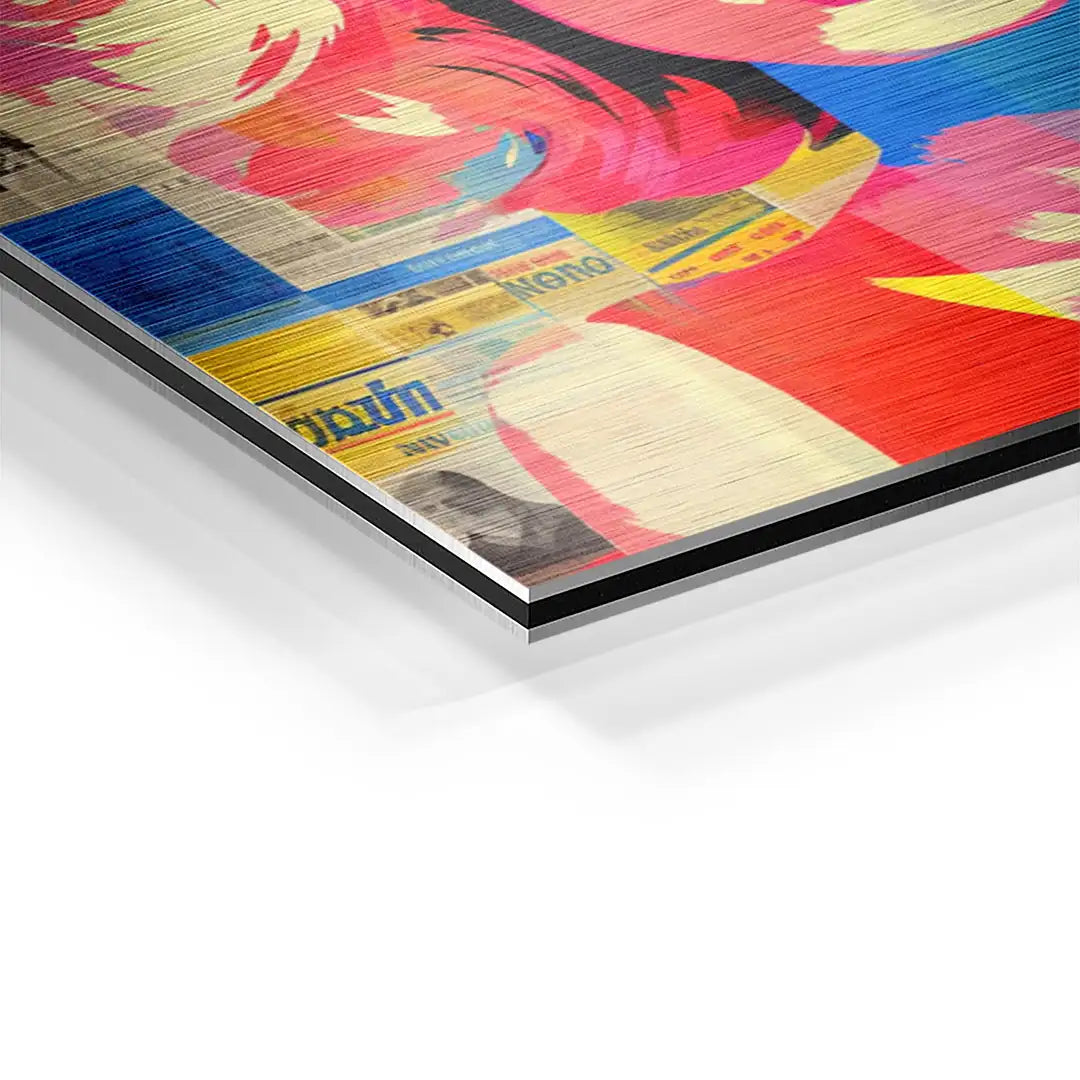 Detailansicht buntes Wandbild im Newspaper-Stil auf Aluminium mit gebürsteter Oberfläche