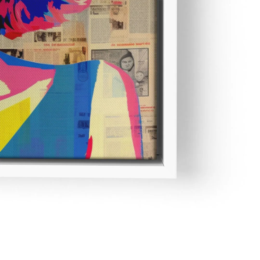 Buntes Pop Art Wandbild mit abstrakter Figur vor Zeitungs-Collage im weißen Rahmen