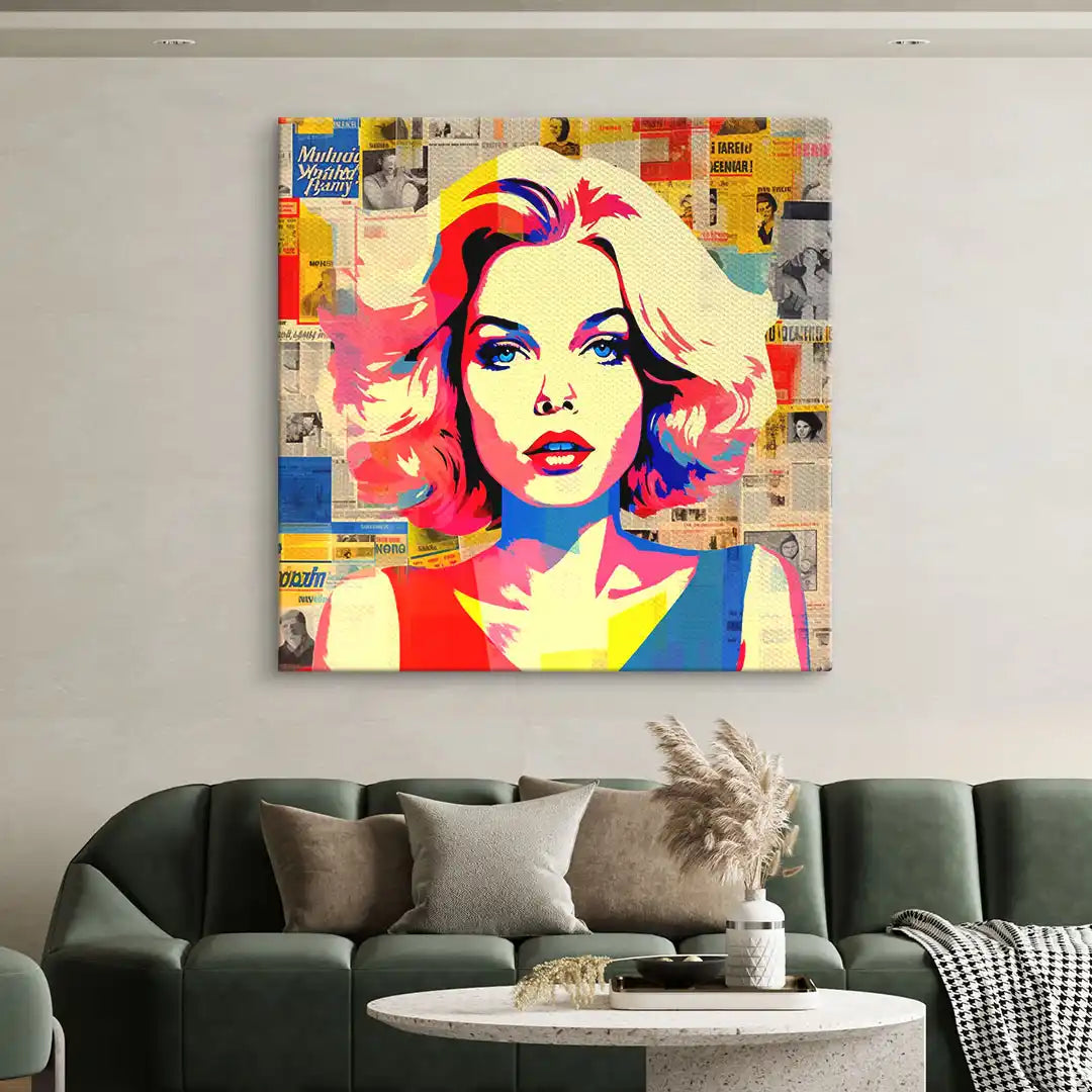 Pop Art Wandbild Frau vor Zeitungs-Collage, modernes Kunstbild über Sofa