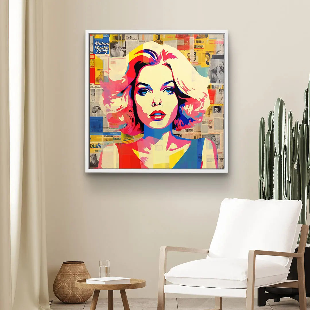 Modernes Wandbild Pop Art Frau mit bunten Zeitungs-Hintergrund im Wohnzimmer