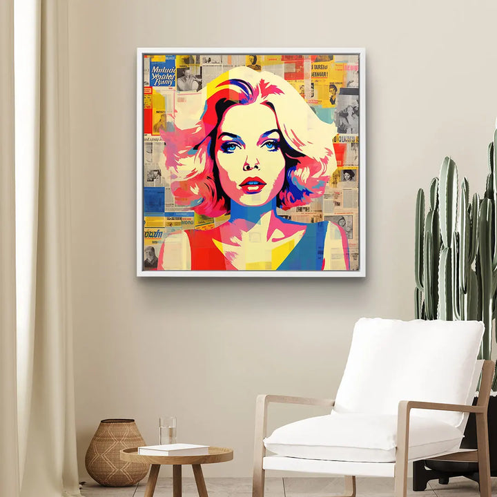 Modernes Wandbild Pop Art Frau mit bunten Zeitungs-Hintergrund im Wohnzimmer