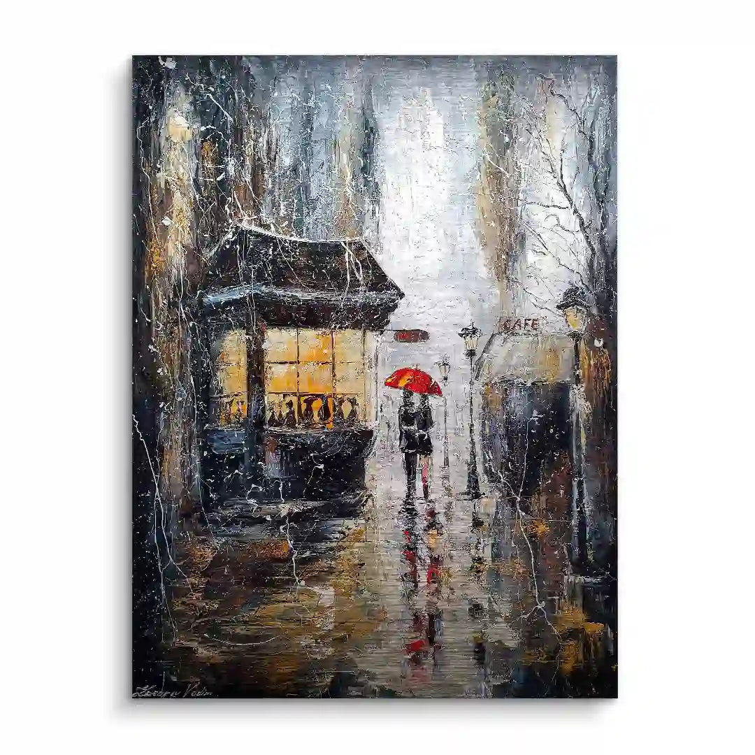 Nostalgisches Wandbild: Frau mit rotem Regenschirm vor beleuchtetem Café bei Regen