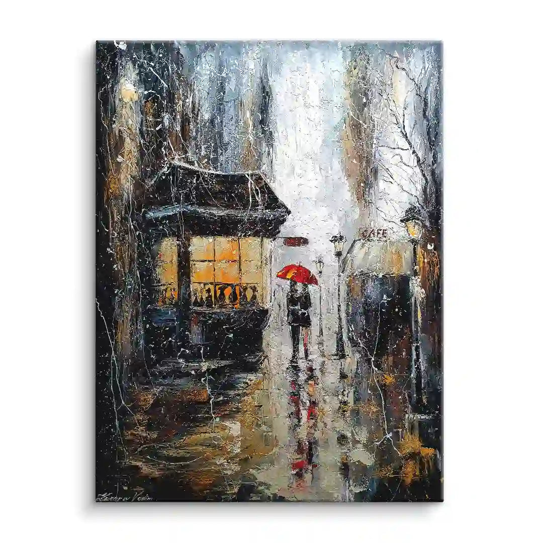 Nostalgisches Wandbild Stadtstraße bei Regen, Person mit rotem Regenschirm vor beleuchtetem Café