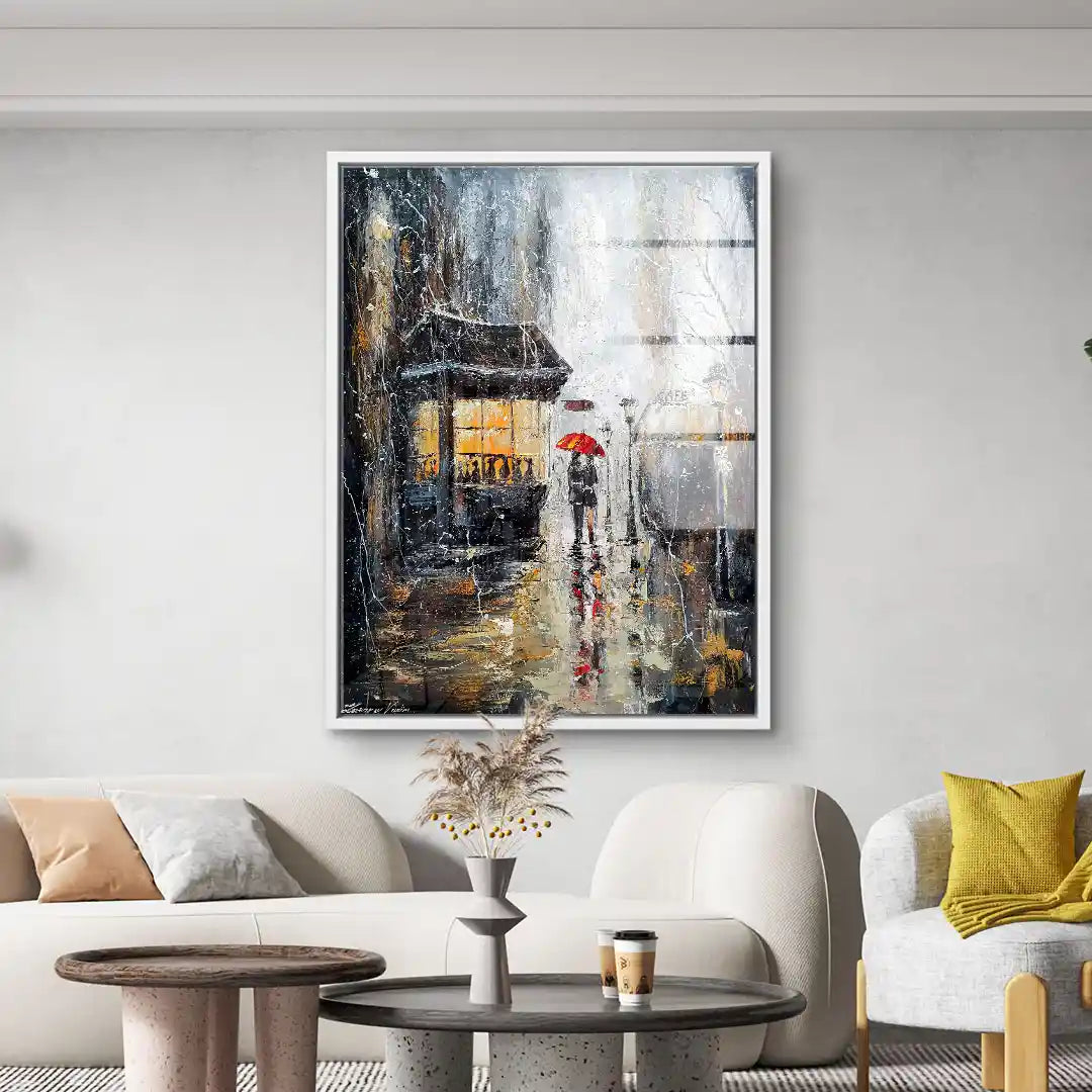 Modernes Wandbild mit nostalgischem Stadtmotiv, Person mit rotem Regenschirm, Wohnzimmerdeko