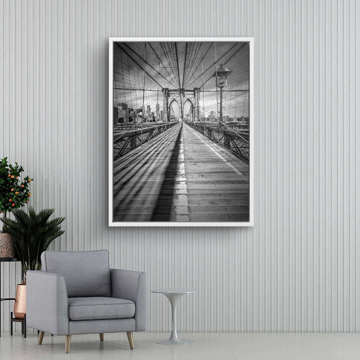 Schwarz-weiß Wandbild Brooklyn Bridge New York im modernen Wohnzimmer, Leinwand Kunst