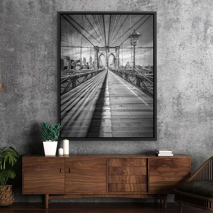 Schwarzweiß Wandbild Brooklyn Bridge in modernem Wohnzimmer, Architektur Fotokunst New York