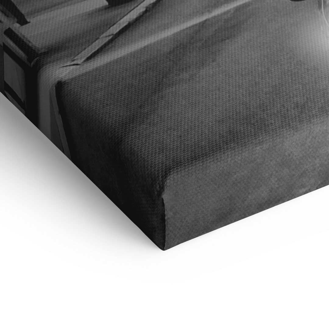 Detailansicht schwarze Leinwandkante moderner Kunstdruck, Struktur des Wandbilds sichtbar