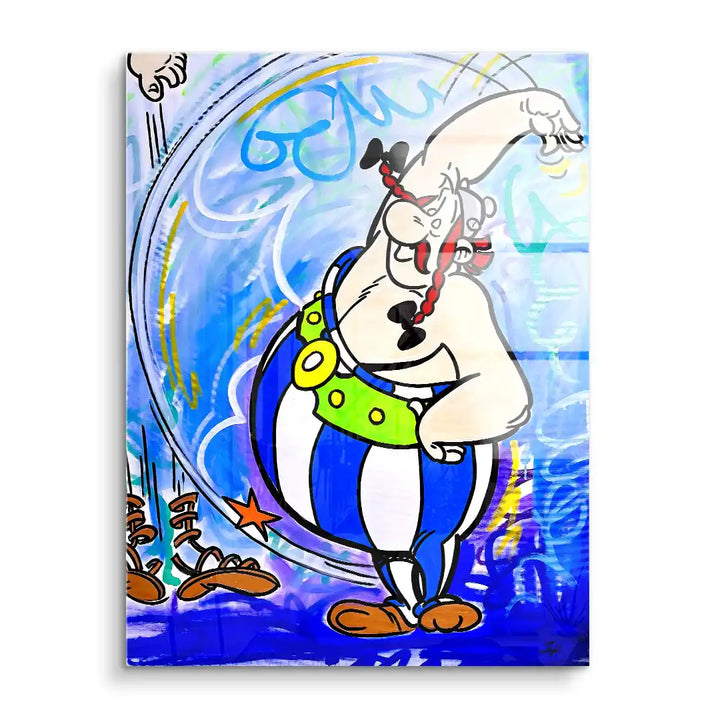 Buntes Wandbild mit Obelix Comic-Figur vor blauem, abstraktem Hintergrund