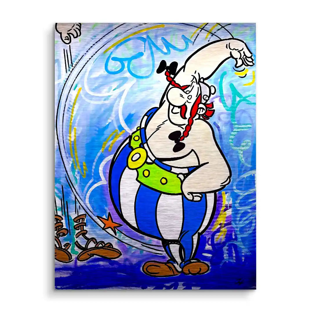 Comic-Wandbild mit Obelix auf blauem Hintergrund, bunte Graffiti-Elemente