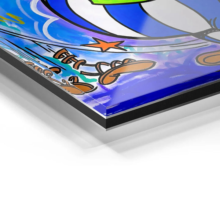 Detail eines farbenfrohen Comic-Wandbilds auf Acrylglas mit blauen, weißen und orangen Elementen