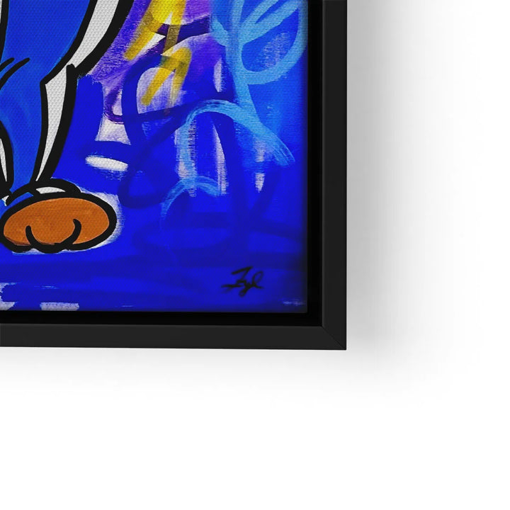 Leinwandbild im Comic-Stil mit Obelix-Figur auf blauem, abstraktem Hintergrund im schwarzen Rahmen
