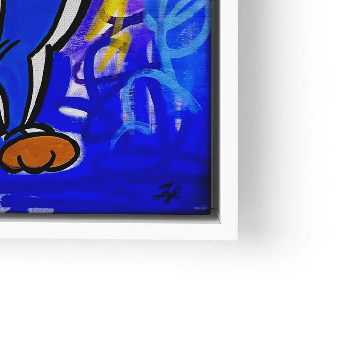 Buntes Wandbild im Comic-Stil mit blauen und gelben Graffiti-Elementen in weißem Rahmen