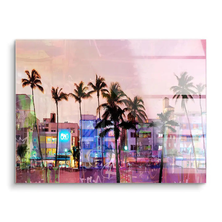 Modernes Wandbild mit Palmen, pastellfarbenem Himmel und bunter Stadtkulisse, Acrylglas