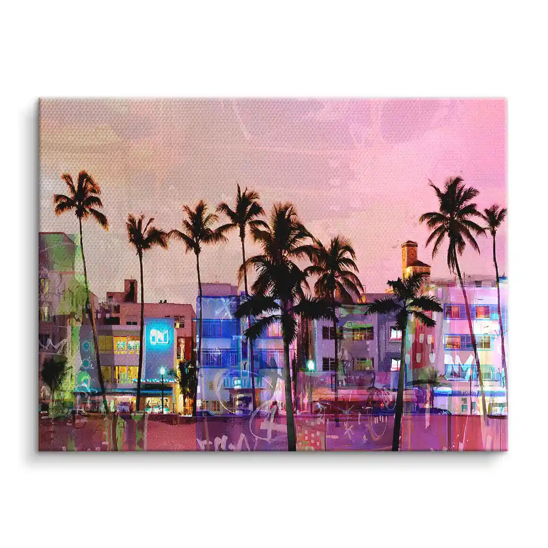 Modernes Wandbild mit Palmen und bunten Häusern vor Sonnenuntergang, Ocean Kunst auf Leinwand