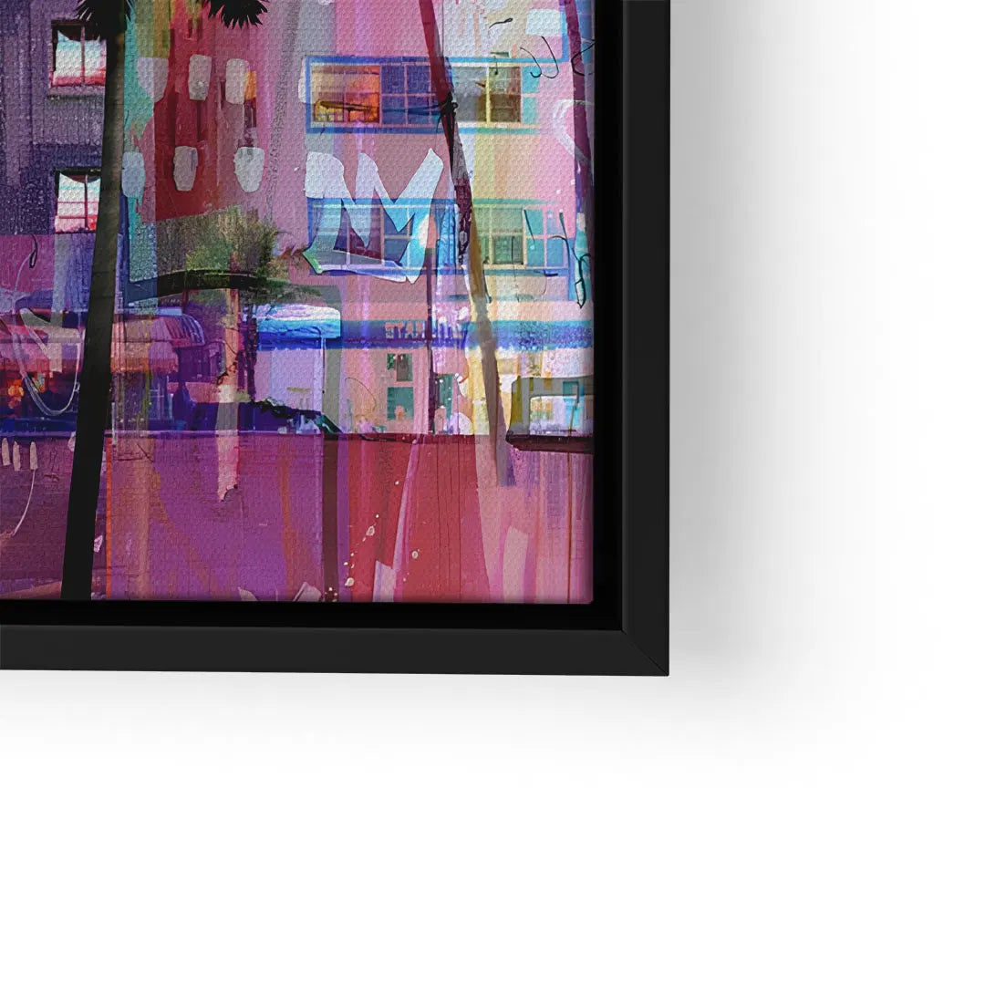 Modernes Wandbild mit bunter abstrakter Ozean-Stadt-Szene, Palmen und Gebäuden